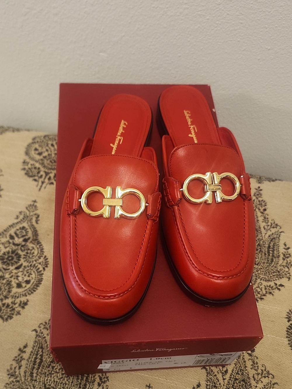 Salvatore Ferragamo Red Leather Gold Horsebit Mule